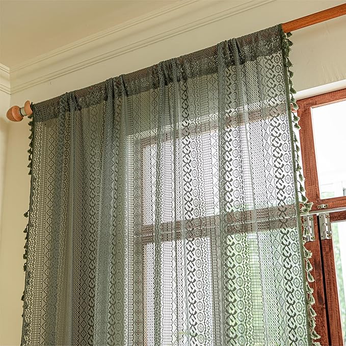 Sutuo Home Boho Curtains 120 inches Long, Crochet Lace Sheer Bohemian Hollow Knitted Cute Tassels, Vintage Farmhouse for Bedroom Living Room Nursery Dining Room, 1 Panel 59" W x 120" L,Olive Green