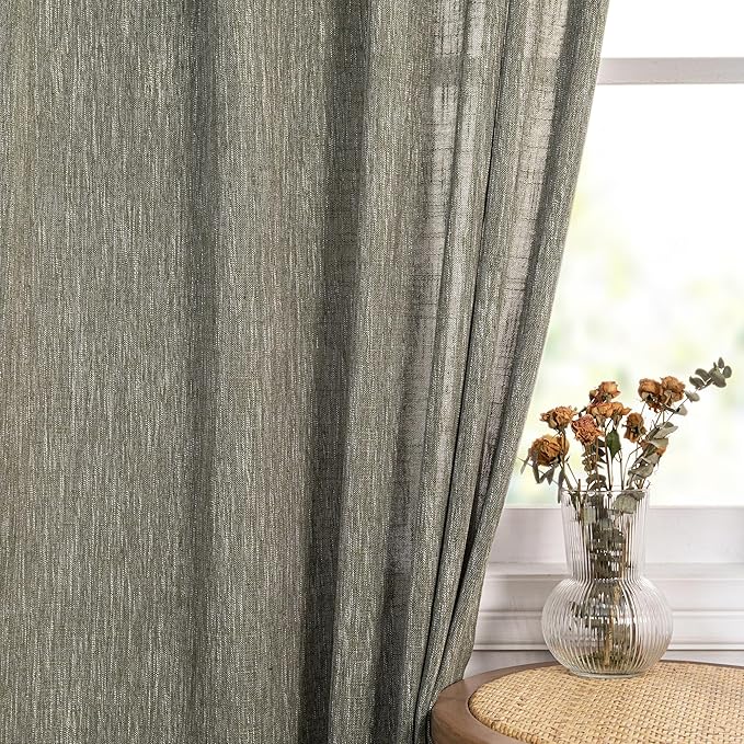 MYSKY HOME 95 Inch Curtains Farmhouse Light Filtering Privacy Curtain Drapes for Patio Door Living Room, Linen Look Texture Fabric Bohemian Draperies Soft Touch, 50x95, Olive Green, 2 Panels