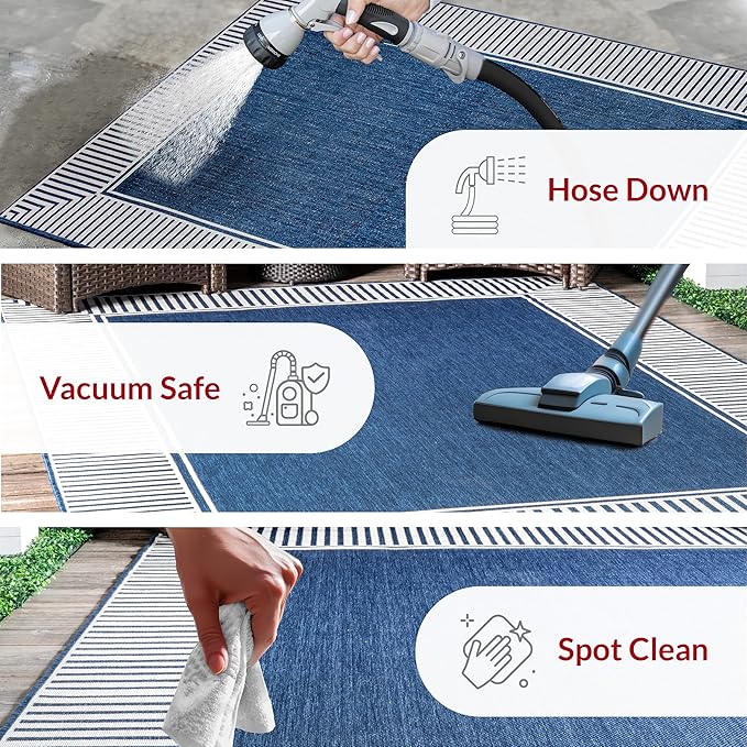 nuLOOM 3'6" x 5' Outdoor Area Rug, Casual Design With Striped Border, Stain Resistant, Highly Durable, For Patio, Balcony, Bedroom, Living Room, Dining Room, Bathroom, Navy