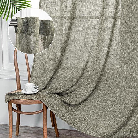 MYSKY HOME Long Sheer Curtains Farmhouse, Sliding Door Curtain for Living Room Light Filtering Privacy Protect Soft Cotton Blend Back Tab Window Drapes Boho, 50" x 108", Olive Green, 2 Panels