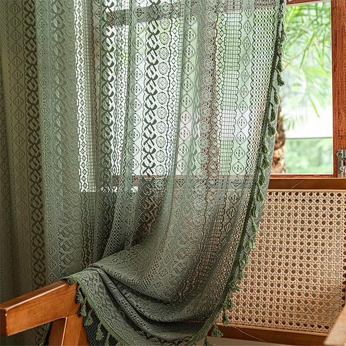 Sutuo Home Olive Green Boho Curtains 96 inches Long for Living Room Bedroom,Crochet Lace Sheer Bohemian Hollow Knitted Handmade Tassels, Vintage Farmhouse Xmas Decor, 1 Panel 59" W x 96" L
