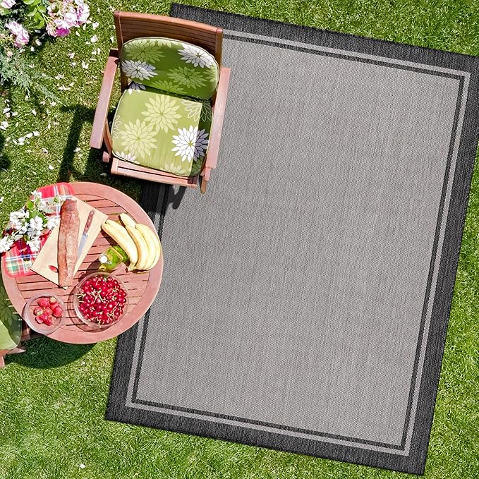 CAMILSON Indoor Outdoor Rug, 5x7 Bordered Gray Modern Area Rugs for Indoor and Outdoor Patios, Kitchen and Hallway Mats, Washable Porch Deck Outside Carpet (Bordered Grey, 5 x 7)