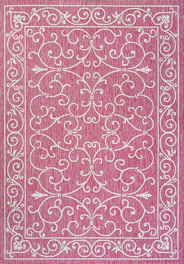 JONATHAN Y Vintage Filigree Indoor Outdoor Area Rug 8X10 Fuchsia/Light Gray, Charleston Textured Weave for Backyard, Patio, Porch, Easy-Cleaning, High Traffic, Pet-Friendly, Non-Shedding (SMB106J-8)
