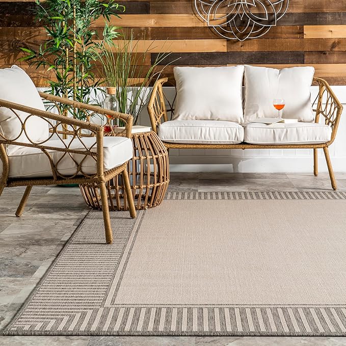 nuLOOM 5' x 8' Outdoor Area Rug, Casual Design With Striped Border, Stain Resistant, Highly Durable, For Patio, Balcony, Bedroom, Living Room, Dining Room, Bathroom, Light Grey