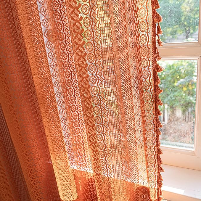 Sutuo Home Burnt Orange Boho Curtains 102 inches Long for Bedroom Dining Room, Crochet Lace Sheer Bohemian Tassels Hollow Knitted,Window Treatment Drapes Fall Decor, Rod Pocket 1 Panel 59" W x 102" L