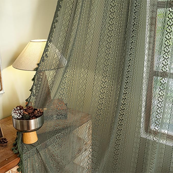 Sutuo Home Olive Green Boho Curtains 108 inches Long, Crochet Lace Sheer Bohemian Hollow Knitted Cute Tassels, Vintage Farmhouse for Bedroom Living Room Nursery Room, 1 Panel 59" W x 108" L