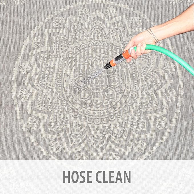 CAMILSON Outdoor Rug 8x10 Modern Area Rugs for Indoor and Outdoor Patios and Porches - Waterproof, Washable, Non-Shedding, Easy-to-Clean Outside Carpet (8 x 10, Medallion - Grey/White)