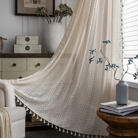 Sutuo Home Boho Curtains 120 inches for Bedroom Living Room Patio Doorway, Crochet Lace Sheer Bohemian Extra Long with Tassels,Window Treatment Drape, Single 1 Panel 59" W x 120" L, Beige