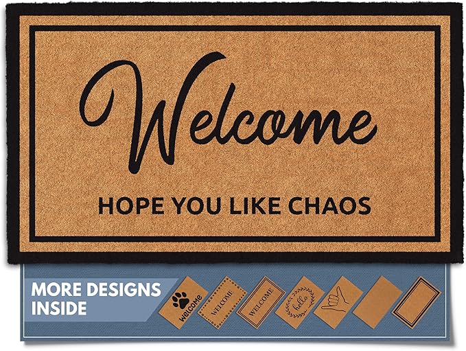 Barnyard Designs Natural Coco Coir Heavy Duty Backing Doormat - Large Cute Non-Slip Front Door Welcome Mat for Outside Entrance or Porch Entry, Brown (17x30, Chaos)