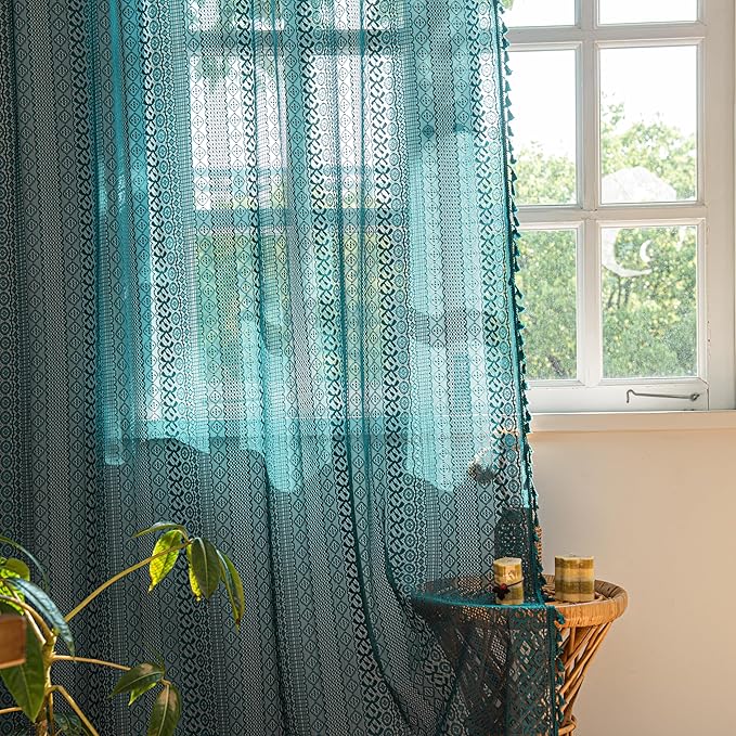 Sutuo Home Boho Curtains Crochet Lace Sheer Bohemian Hollow Knitted with Tassels, Window Treatment Privacy Vintage Rustic Farmhouse Drapes for Bedroom, Rod Pocket 1 Panel 59" W x 63" L, Turquoise