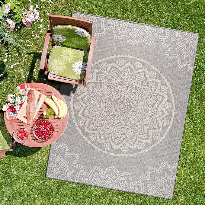 CAMILSON Outdoor Rug 8x10 Modern Area Rugs for Indoor and Outdoor Patios and Porches - Waterproof, Washable, Non-Shedding, Easy-to-Clean Outside Carpet (8 x 10, Medallion - Grey/White)