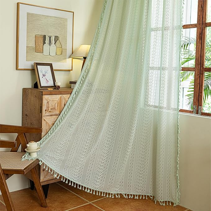 Sutuo Home Boho Curtains for Bedroom Dining Room, Bohemian Crochet Lace Hollow Knitted Handmade Tassels Vintage Rustic Window Treatment Farmhouse Drapes, 1 Panel Rod Pocket 59" W x 96" L, Mint Green
