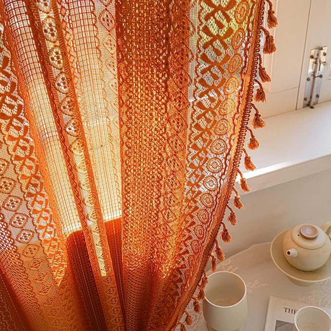 Sutuo Home Boho Curtains 72 inches Long for Bedroom Living Room, Crochet Cotton Lace Sheer Bohemian Hollow Knitted with Tassels,Window Treatment Drapes, Rod Pocket 1 Panel 59" W x 72" L,Burnt Orange