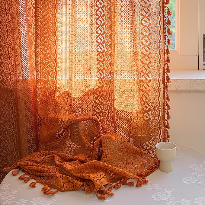 Sutuo Home Terracotta Boho Curtains for Bedroom Living Room, Crochet Lace Sheer Bohemian Style with Tassels,Window Treatment Drapes for Halloween Decor, Rod Pocket 1 Panel 59" W x 108" L, Orange