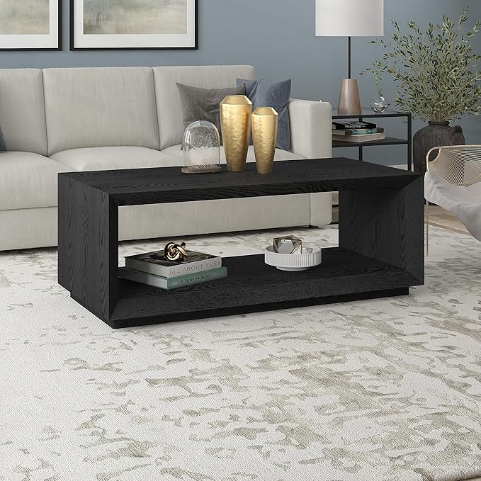 Henn&Hart 48" Rectangular Coffee Table with Open Storage Shelf for Living Room, Family Room, or Office, Black Grain