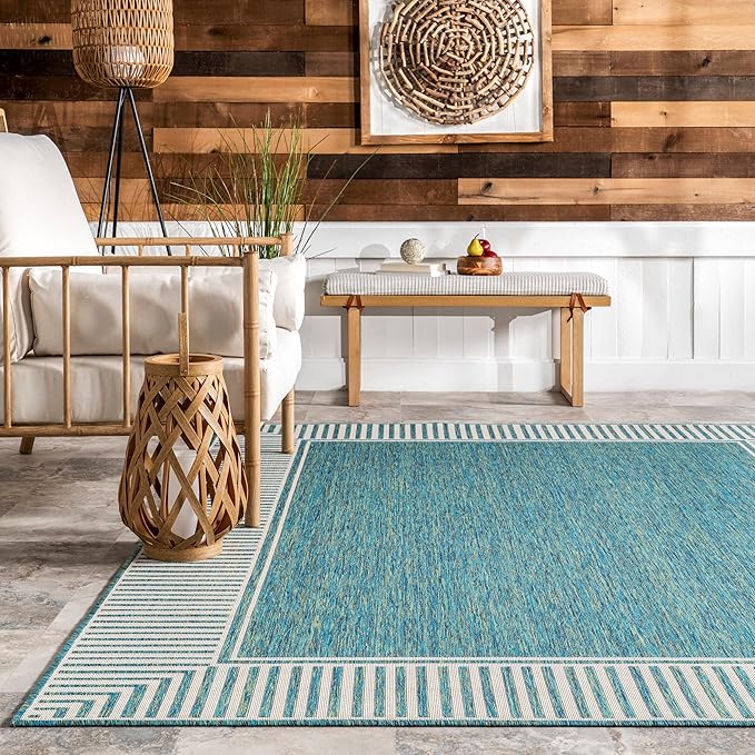 nuLOOM 5' x 8' Outdoor Area Rug, Casual Design With Striped Border, Stain Resistant, Highly Durable, For Patio, Balcony, Bedroom, Living Room, Dining Room, Bathroom, Teal