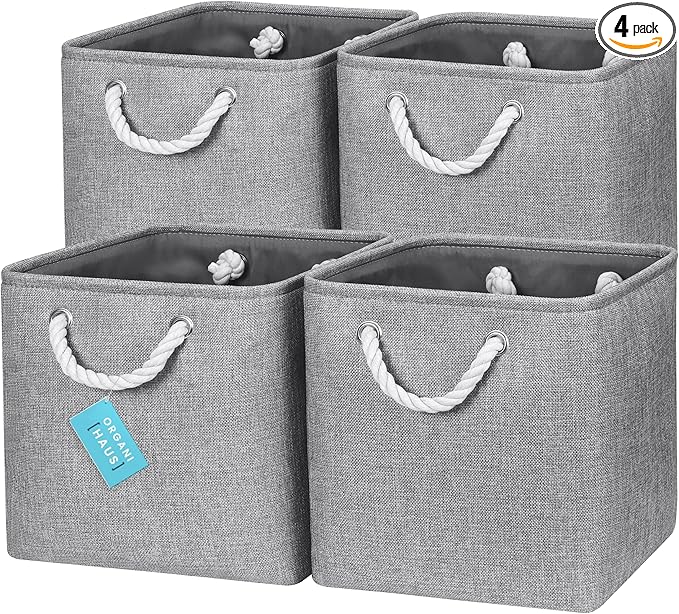 OrganiHaus 11x11 Cube Storage Bins 4 Pack, Foldable Cube Storage Organizer w/ Rope Handles, Collapsible Fabric Bins for Toys, Clothes & Closet Organization, Fabric Square Baskets - Gray