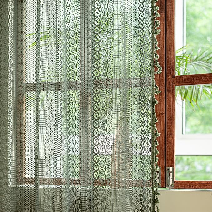 Sutuo Home Olive Green Boho Curtains 102 inches Long, Crochet Lace Sheer Bohemian Hollow Knitted Cute Tassels, Vintage Farmhouse for Bedroom Living Room Xmas Christmas Decor, 1 Panel 59" W x 102" L