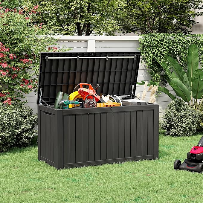 KAMABOKO Outdoor Storage Box, 150 Gallon Large Outdoor Resin Deck Box, Storage Waterproof Boxes Lockable Lid for Garden Tools, Pool Supplies, Patio Furniture and Cushions, Black
