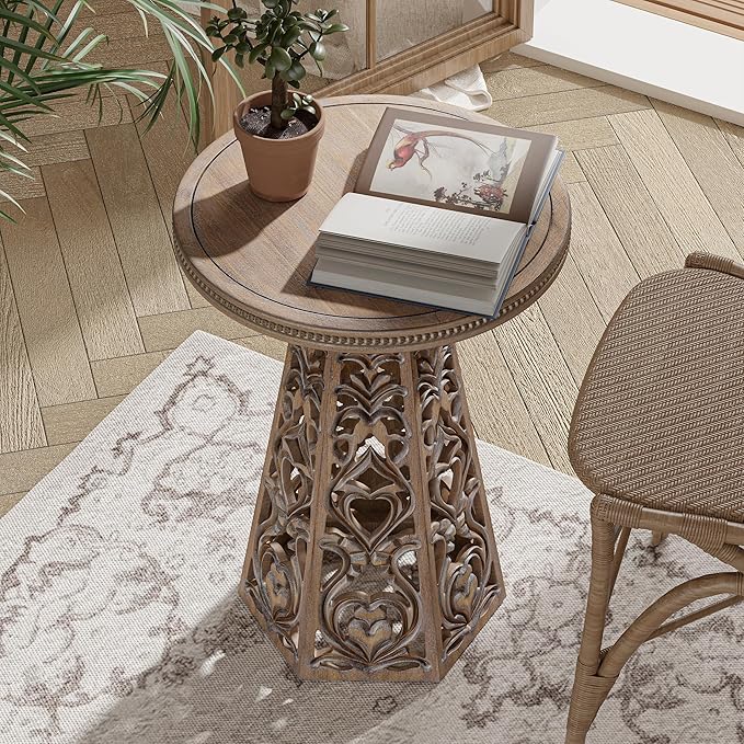 Rustic Farmhouse Wooden End Table, Distressed Round Accent Table with Intricate Carved Floral Patterns, Boho, for Living Room, Bedroom, or Entryway, Distressed Wood Color