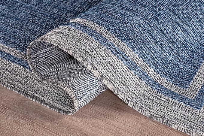 CAMILSON Indoor Outdoor Rug, 10x14 Bordered Navy Blue Gray Modern Large Area Rugs for Indoor and Outdoor Patios, Porches Waterproof Washable Porch Deck Outside Carpet (Bordered Navy, 10 x 14)