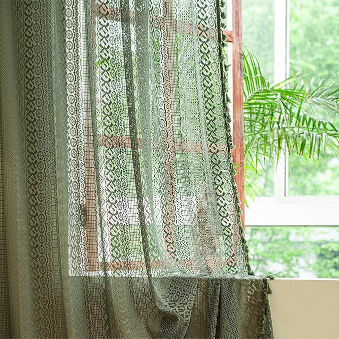 Sutuo Home Olive Green Boho Curtains 63 inches Long for Kitchen Bedroom, Crochet Lace Sheer Bohemian Hollow Knitted Tassels, Privacy Vintage French Retro Farmhouse, Rod Pocket 1 Panel 59" W x 63" L