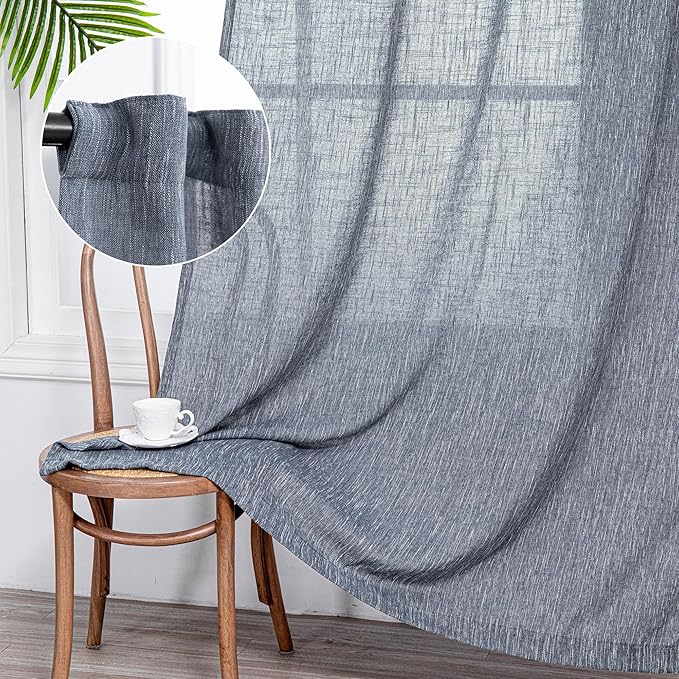 MYSKY HOME Blue Curtains for Bedroom 63 Inches Long Semi Sheer Light Filtering Drapes for Small Window Linen Look Textured Boho Home Decor Backdrop Curtain for Party, 50" x 63", Dusty Blue, 2 Panels
