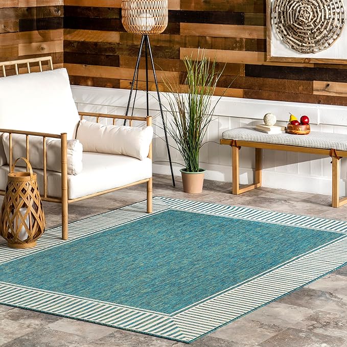 nuLOOM 4' x 6' Outdoor Area Rug, Casual Design With Striped Border, Stain Resistant, Highly Durable, For Patio, Balcony, Bedroom, Living Room, Dining Room, Bathroom, Teal