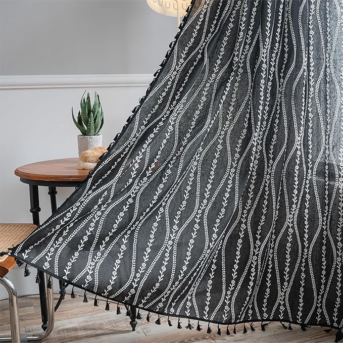 Sutuo Home Boho Curtains 84 Inches Long for Bedroom Living Room Nursery, Bohemian Vintage Tassels Window Treatment Drape for Halloween Decorations Rod Pocket, 1 Panel 59"W x 84"L,Black Stripe Floral