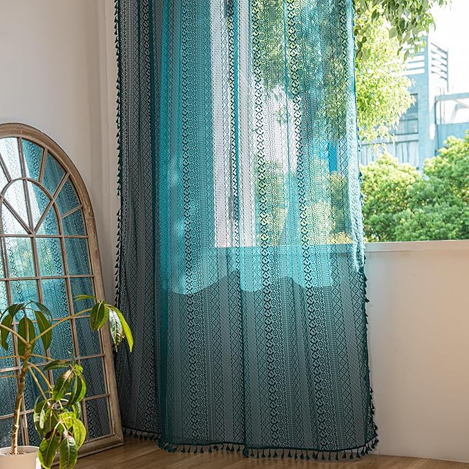 Sutuo Home Boho Curtains 84 inches Long for Bedroom Living Room, Crochet Lace Sheer Bohemian Hollow Knitted with Tassels,Window Treatment Drapes, Rod Pocket 1 Panel 59" W x 84" L, Turquoise
