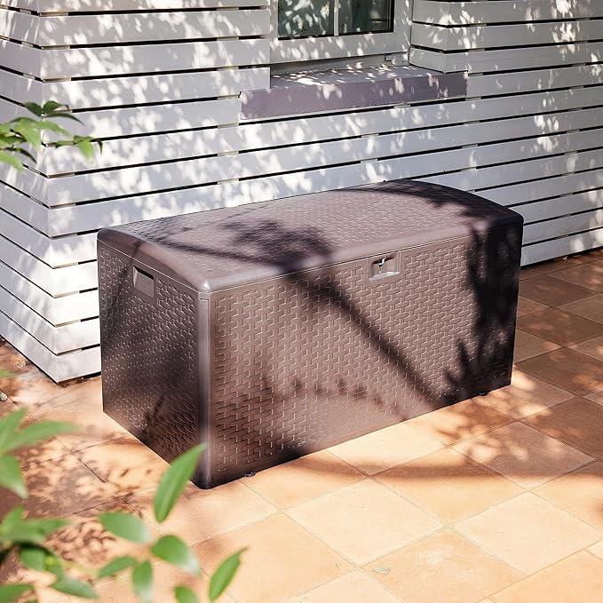 Amazon Basics Outdoor Organization & Storage Deck Box with Lid, 99 Gallon, Brown