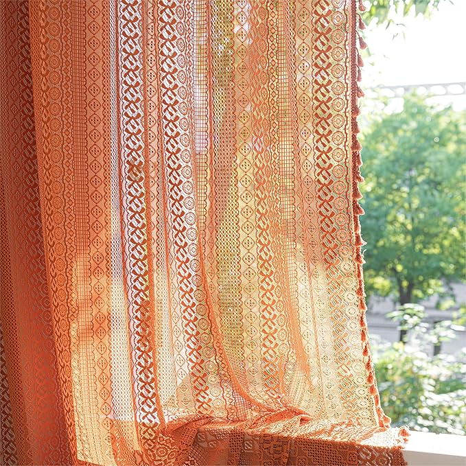 Sutuo Home Burnt Orange Boho Curtains 102 inches Long for Bedroom Dining Room, Crochet Lace Sheer Bohemian Tassels Hollow Knitted,Window Treatment Drapes Fall Decor, Rod Pocket 1 Panel 59" W x 102" L