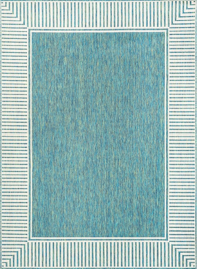 nuLOOM 5' x 8' Outdoor Area Rug, Casual Design With Striped Border, Stain Resistant, Highly Durable, For Patio, Balcony, Bedroom, Living Room, Dining Room, Bathroom, Teal