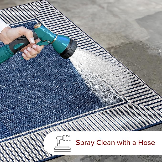 nuLOOM 3'6" x 5' Outdoor Area Rug, Casual Design With Striped Border, Stain Resistant, Highly Durable, For Patio, Balcony, Bedroom, Living Room, Dining Room, Bathroom, Navy