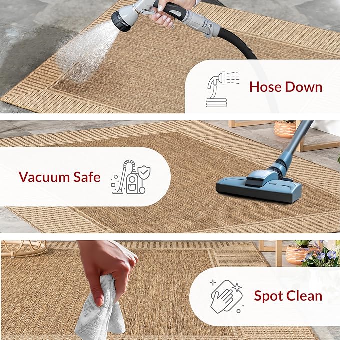 nuLOOM 6'7" Round Outdoor Area Rug, Casual Design With Striped Border, Stain Resistant, Highly Durable, For Patio, Balcony, Bedroom, Living Room, Dining Room, Bathroom, Light Brown