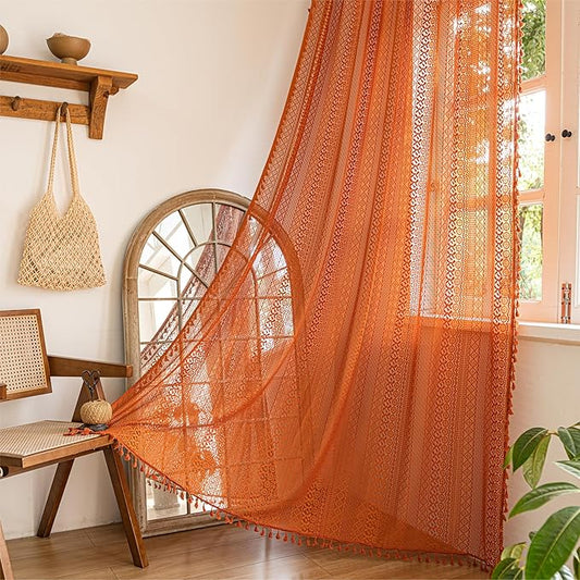 Sutuo Home Boho Curtains for Bedroom Kitchen Crochet Lace Sheer Bohemian Hollow Knitted with Tassels, Window Treatment Privacy Vintage Rustic Farmhouse Drapes, Rod Pocket 1 Panel 59" W x 63" L, Orange