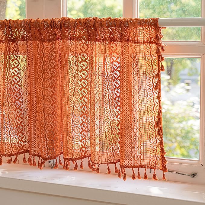 Sutuo Home Terracotta Boho Curtains Crochet Sheer Bohemian Hollow Knitted with Tassels, Valance Short Tier Privacy Vintage Rustic Farmhouse Drapes for Kitchen, Rod Pocket 1 Panel 59" W x 24" L, Orange