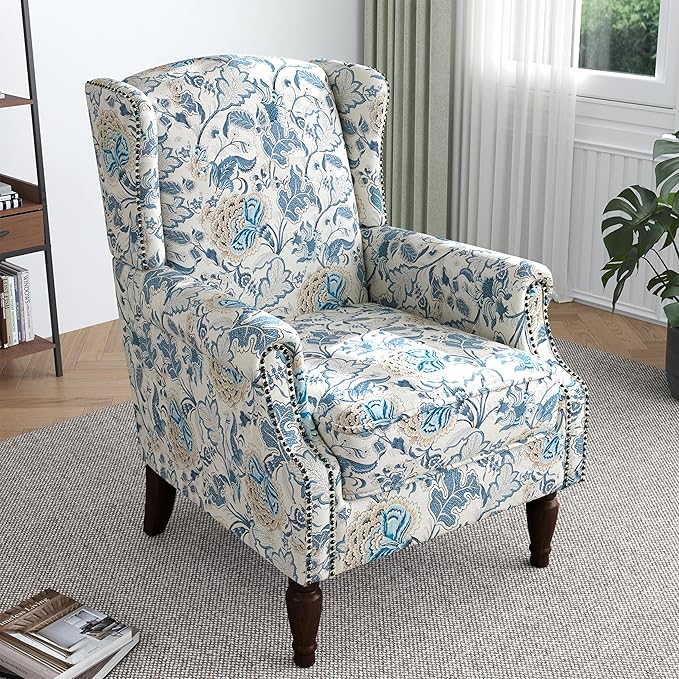 Lumibee High Back Accent Chair, Armchair in Fabric,Comfy Upholstered Wingback Single Sofa Reading Chair with Solid Wood Legs for Living Room,Bedroom,Office-Boho Blue