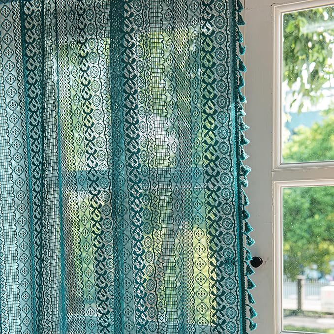 Sutuo Home Turquoise Boho Curtains for Bedroom Living Room,Crochet Lace Sheer Bohemian Stylish with Tassels, Window Treatment Privacy Vintage Rustic Farmhouse Drapes, Rod Pocket 1 Panel 59" W x 102" L