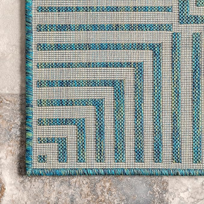nuLOOM 9'6" x 12' Outdoor Area Rug, Casual Design With Striped Border, Stain Resistant, Highly Durable, For Patio, Balcony, Bedroom, Living Room, Dining Room, Bathroom, Teal