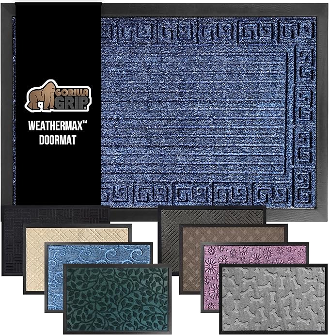 GORILLA GRIP 100% Waterproof All-Season WeatherMax Doormat, US Designed Natural Rubber, Stain and Fade Resistant, Low Profile Indoor Outdoor Door Mats, Easy Clean Patio Mat, 17x29, Navy Greek Keys