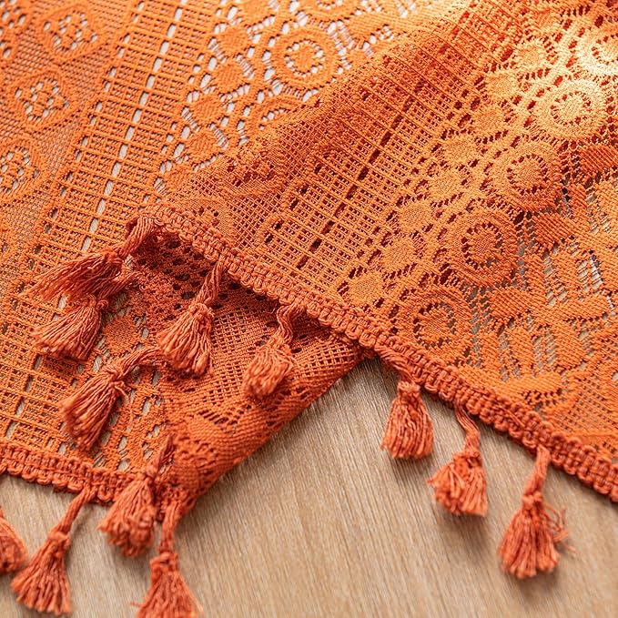 Sutuo Home Terracotta Boho Valance Short Curtains Crochet Lace Sheer Bohemian Hollow Knitted with Tassels, Privacy Vintage Rustic Farmhouse Drapes for Kitchen, Rod Pocket 1 Panel 59" W x 36" L, Orange