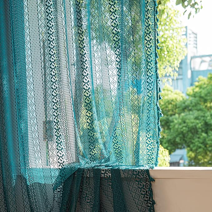 Sutuo Home Boho Curtains 96 inches Long for Bedroom Living Room Nursery Room, Crochet Lace Sheer Bohemian Hollow with Tassels,Window Treatment Drapes, Rod Pocket 1 Panel 59" W x 96" L, Turquoise