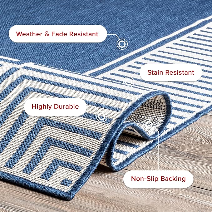nuLOOM 6' 7" x 9' Outdoor Area Rug, Casual Design With Striped Border, Stain Resistant, Highly Durable, For Patio, Balcony, Bedroom, Living Room, Dining Room, Bathroom, Navy