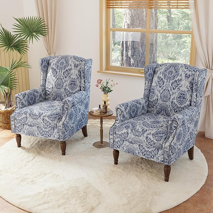 Lumibee High Back Accent Chair Set of 2, Armchair in Fabric,Comfy Upholstered Wingback Single Sofa Reading Chairs with Solid Wood Legs for Living Room,Bedroom,Office-Navy