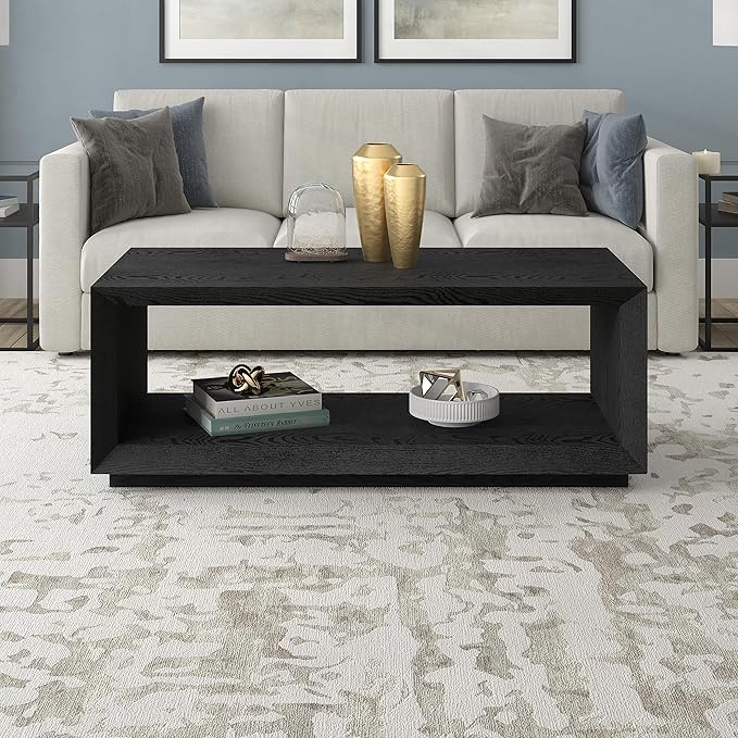 Henn&Hart 48" Rectangular Coffee Table with Open Storage Shelf for Living Room, Family Room, or Office, Black Grain