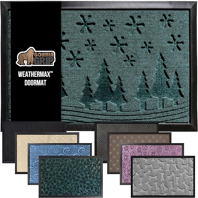 GORILLA GRIP 100% Waterproof All-Season WeatherMax Doormat, 47x35, US Designed Natural Rubber, Stain and Fade Resistant, Low Profile Indoor Outdoor Door Mats, Easy Clean Patio Mat, Green Snowscape