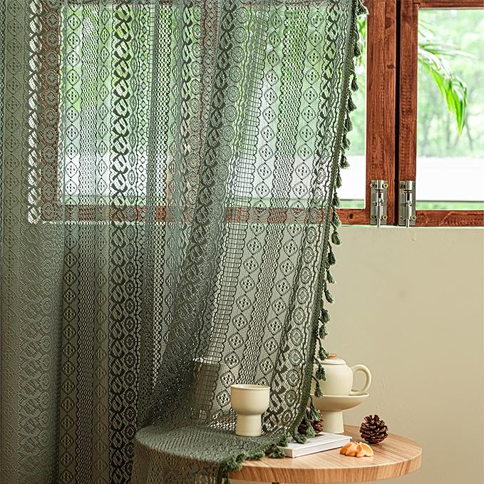 Sutuo Home Olive Green Boho Curtains 108 inches Long, Crochet Lace Sheer Bohemian Hollow Knitted Cute Tassels, Vintage Farmhouse for Bedroom Living Room Nursery Room, 1 Panel 59" W x 108" L