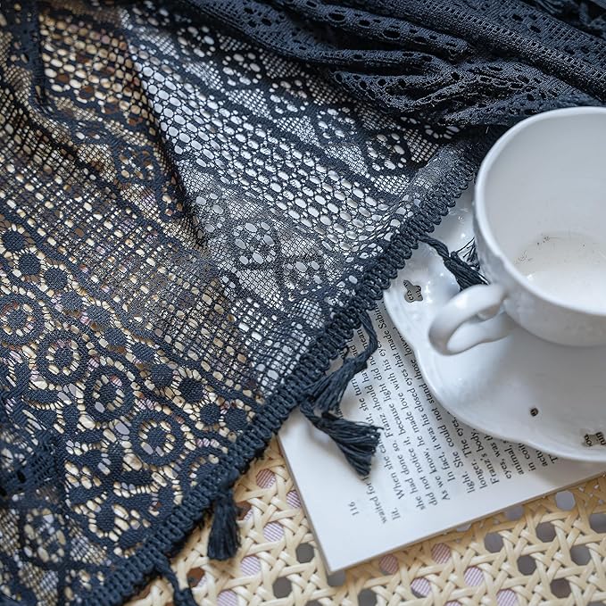Sutuo Home Black Boho Curtain 84 Inches Length, Sheer Crochet Lace Handmade Tassels Knitted Window Treatment Vintage Rustic Bohemian Farmhouse Drape for Bedroom Rod Pocket 1 Panel 59" W x 84" L