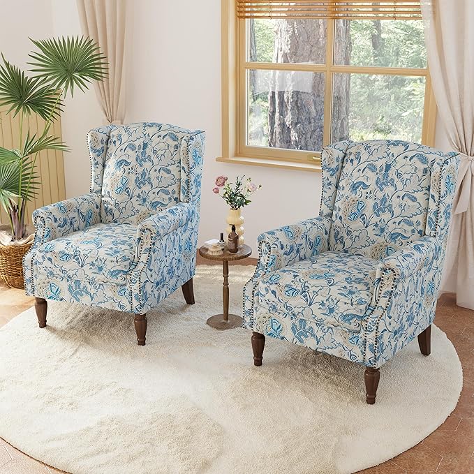 Lumibee Wingback Accent Chair, 2 Set High Back Floral Armchairs in Fabric,Comfy Upholstered Reading Single Sofa Chairs with Solid Wood Legs for Living Room,Bedroom,Office-Boho Blue